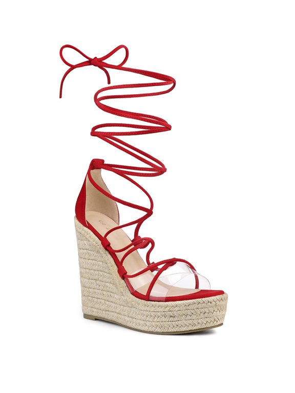 Women's Platform Espadrilles Wedge Heel Transparent Straps Sandals Red 10