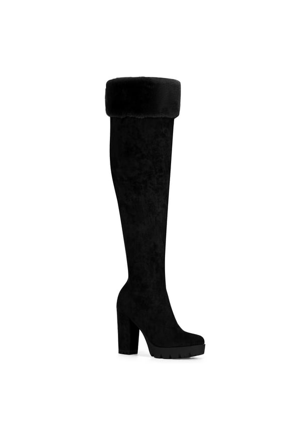 Women's Boots Faux Fur Platform Over The Knee Chunky Heel Round Toe Zipper Winter Boots Black 7