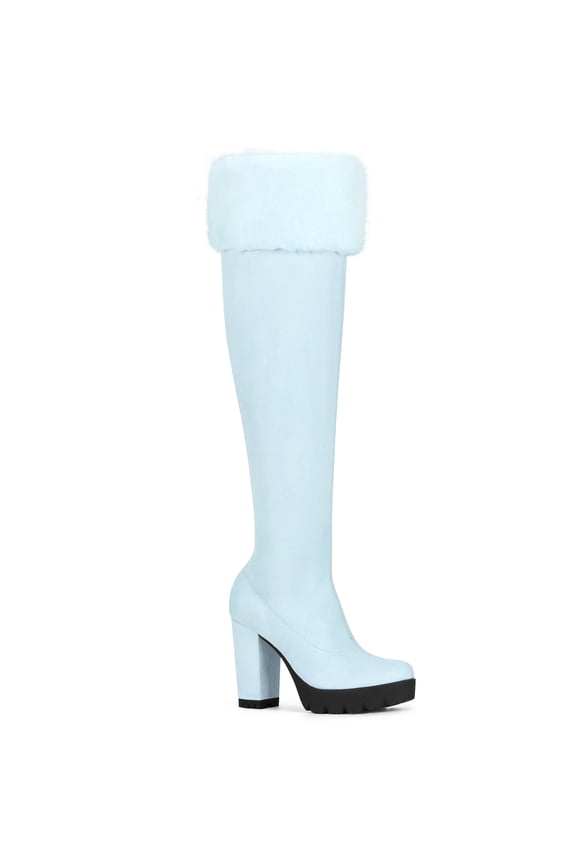 Women's Boots Faux Fur Platform Over The Knee Chunky Heel Round Toe Zipper Winter Boots Sky Blue 6