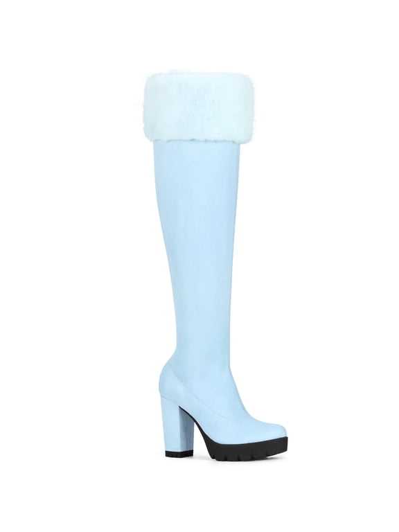 Women's Boots Faux Fur Platform Over The Knee Chunky Heel Round Toe Zipper Winter Boots Sky Blue 8