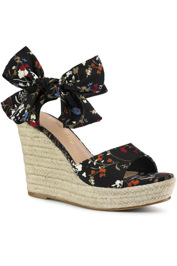 Women's Shoes Floral Printed Bow Tie Platform Slingback Espadrille Wedge Sandals Black 8