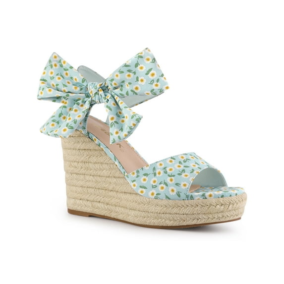BLISSFUL STEP Women's Shoes Floral Printed Bow Tie Platform Slingback Espadrille Wedge Sandals Sky Blue 7