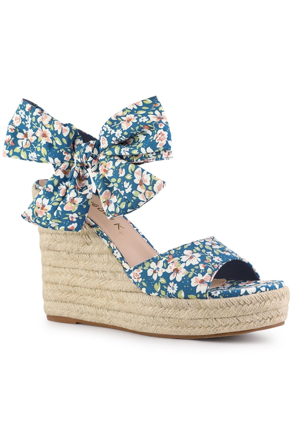 Women's Shoes Floral Printed Bow Tie Platform Slingback Espadrille Wedge Sandals Blue 7