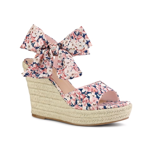 BLISSFUL STEP Women's Shoes Floral Printed Bow Tie Platform Slingback Espadrille Wedge Sandals Pink 5.5