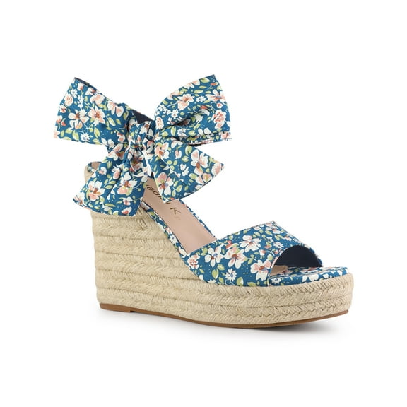 BLISSFUL STEP Women's Shoes Floral Printed Bow Tie Platform Slingback Espadrille Wedge Sandals Blue 9