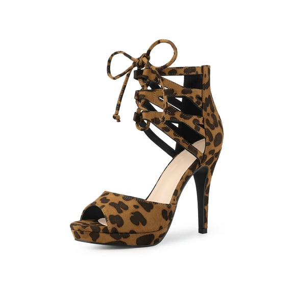 BLISSFUL STEP Women's Platform Gladiator Strappy Open Toe Stiletto High Heel Sandals Leopard (Size 8.5)