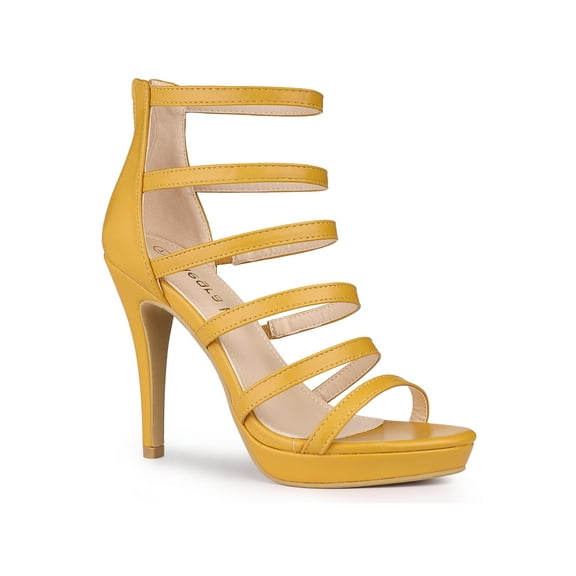 BLISSFUL STEP Women's Platform Strappy Stiletto Heels Sandals Yellow 10