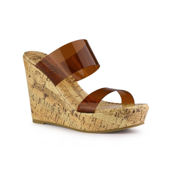 BLISSFUL STEP Women's Shoes Platform Clear Straps Wedge Heel Sandals Brown Clear 8