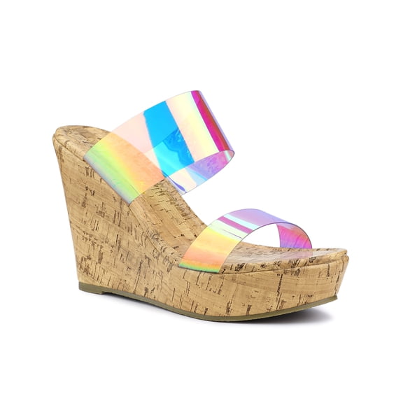 BLISSFUL STEP Women's Shoes Platform Clear Straps Wedge Heel Sandals Colorful 8.5