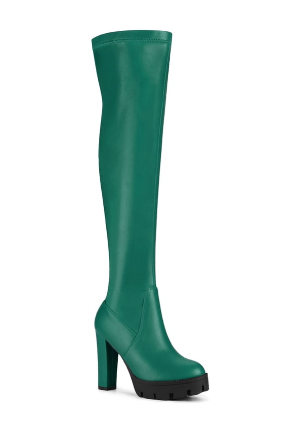Women's Boots Platform Block High Heels Over Knee Side Zips Boots Emerald Green 6.5