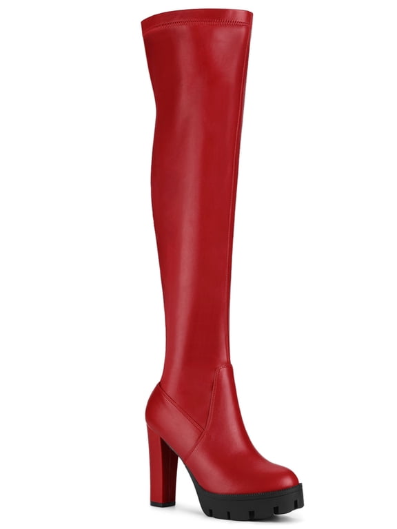 Women's Boots Platform Block High Heels Over Knee Side Zips Boots Red 6.5