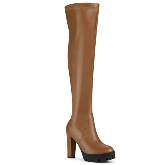 BLISSFUL STEP Women's Boots Platform Block High Heels Over Knee Side Zips Boots Brown 9.5