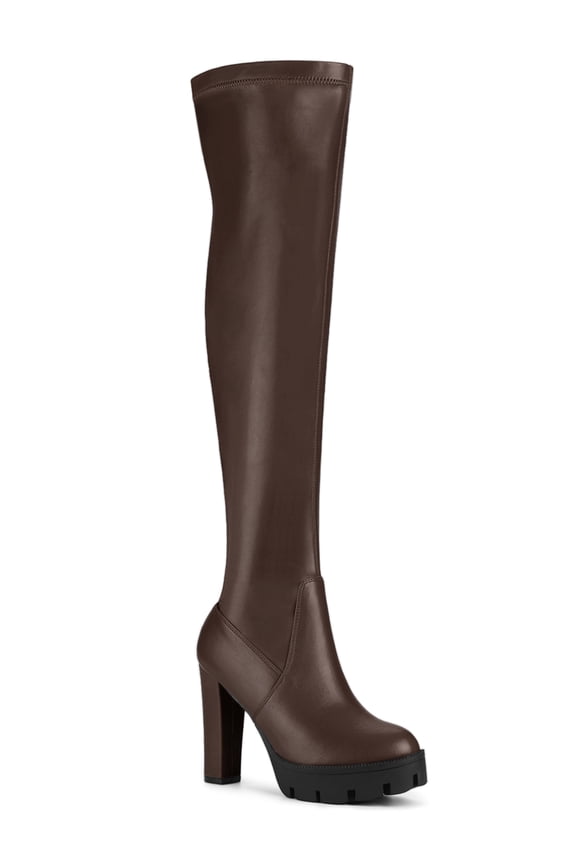 Women's Boots Platform Block High Heels Over Knee Side Zips Boots Coffee 8