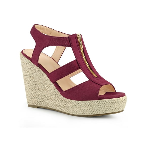 BLISSFUL STEP Women's Shoes Faux Suede Platform Wedge Espadrilles Slingback Open Toe Front Zipper Sandals Burgundy 7