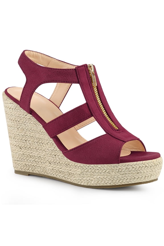 Women's Shoes Faux Suede Platform Wedge Espadrilles Slingback Open Toe Front Zipper Sandals Burgundy 9