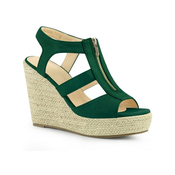 BLISSFUL STEP Women's Shoes Faux Suede Platform Wedge Espadrilles Slingback Open Toe Front Zipper Sandals Emerald Green 8.5