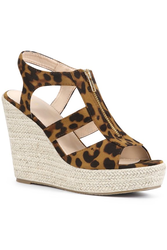 Women's Shoes Faux Suede Platform Wedge Espadrilles Slingback Open Toe Front Zipper Sandals Leopard 7.5
