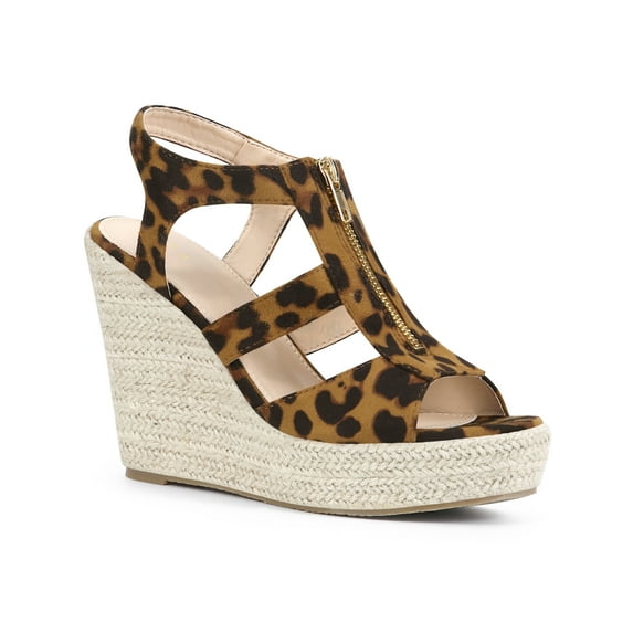 BLISSFUL STEP Women's Shoes Faux Suede Platform Wedge Espadrilles Slingback Open Toe Front Zipper Sandals Leopard 7.5