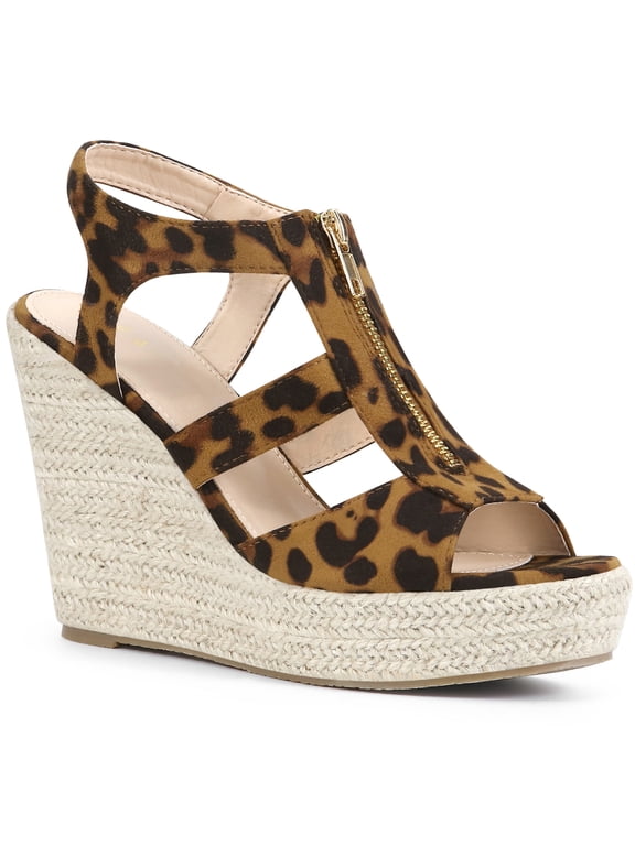 Halloween Women's Shoes Faux Suede Platform Wedge Espadrilles Slingback Open Toe Front Zipper Sandals Leopard 9