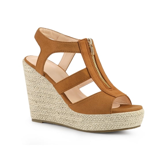 BLISSFUL STEP Women's Shoes Faux Suede Platform Wedge Espadrilles Slingback Open Toe Front Zipper Sandals Brown 10