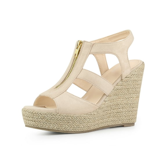 BLISSFUL STEP Women's Shoes Faux Suede Platform Wedge Espadrilles Slingback Open Toe Front Zipper Sandals Beige 7