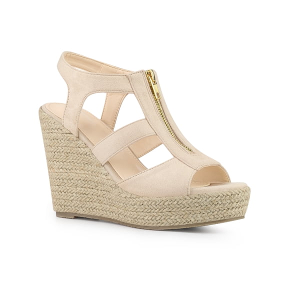 BLISSFUL STEP Women's Shoes Faux Suede Platform Wedge Espadrilles Slingback Open Toe Front Zipper Sandals Beige 8.5