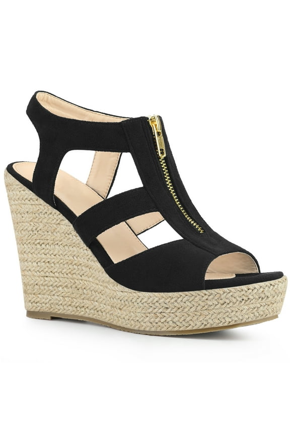 Women's Shoes Faux Suede Platform Wedge Espadrilles Slingback Open Toe Front Zipper Sandals Black 6