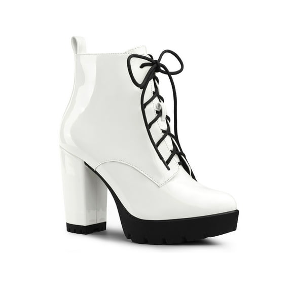 BLISSFUL STEP Women's Platform Lace Up Block Heel Ankle Combat Boot White 8