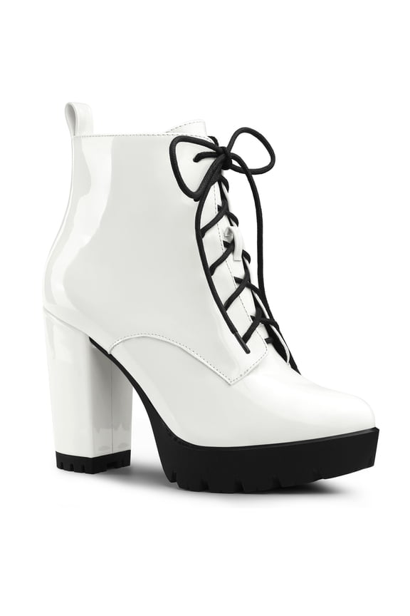 Women's Platform Lace Up Block Heel Ankle Combat Boot White 8