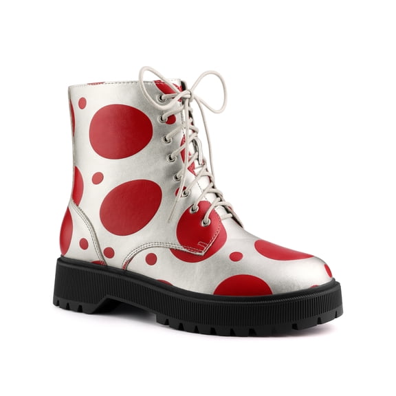 BLISSFUL STEP Women's Platform Lace Up Polka Dots Printing Combat Boots Silver Red 10