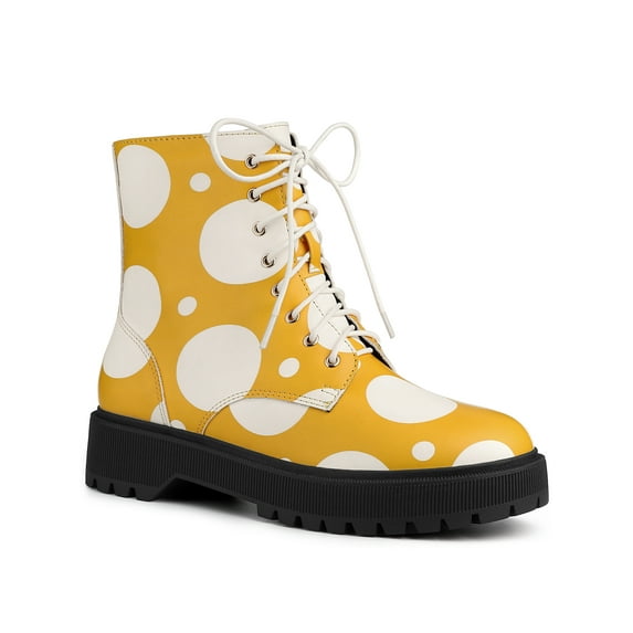 BLISSFUL STEP Women's Platform Lace Up Polka Dots Printing Combat Boots Yellow White 9
