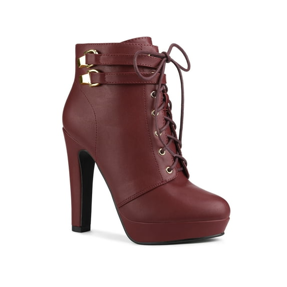 BLISSFUL STEP Women's Platform Lace Up Strap Block Heels Ankle Boots Burgundy 8.5