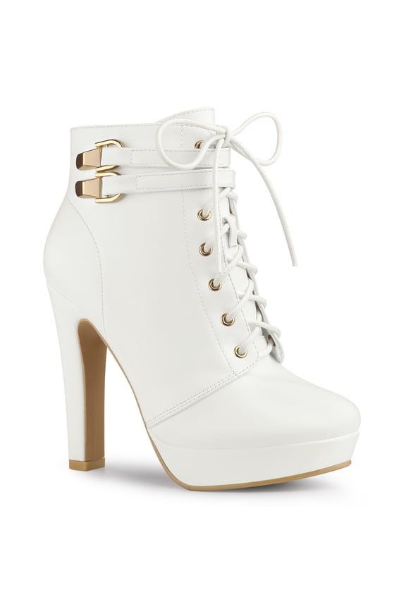 Women's Platform Lace Up Strap Block Heels Ankle Boots White 8.5