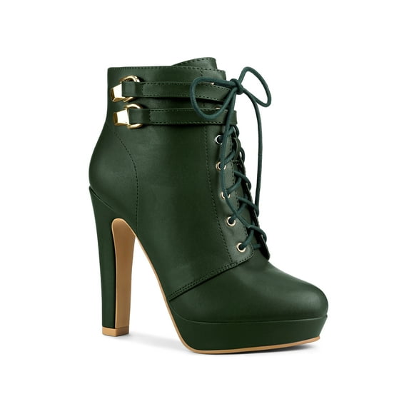BLISSFUL STEP Women's Platform Lace Up Strap Block Heels Ankle Boots Dark Green 8.5