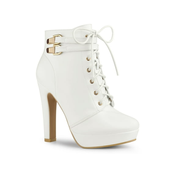 BLISSFUL STEP Women's Platform Lace Up Strap Block Heels Ankle Boots White 7