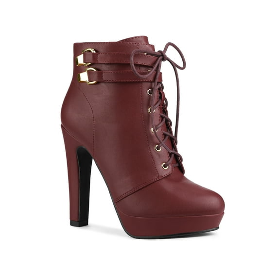 BLISSFUL STEP Women's Platform Lace Up Strap Block Heels Ankle Boots Burgundy 9