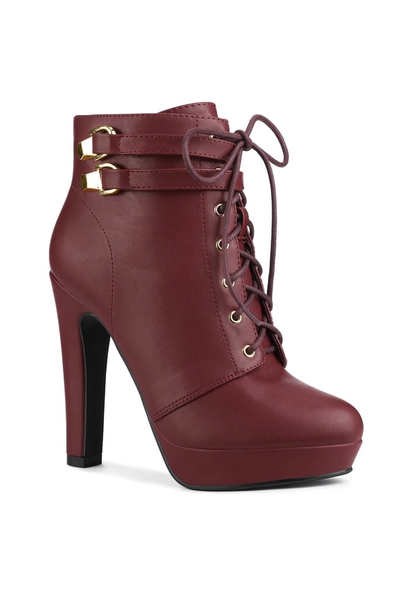 Women's Platform Lace Up Strap Block Heels Ankle Boots Burgundy 7.5