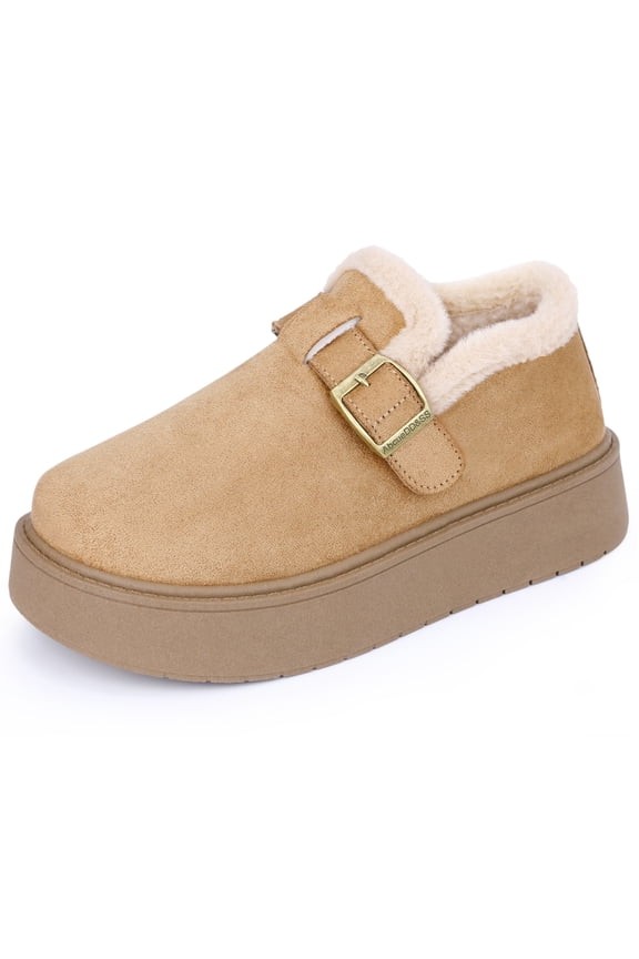Women's Platform Micro Boots Pull on Flat Shoes Fluffy Snow Boots Camel 5.5