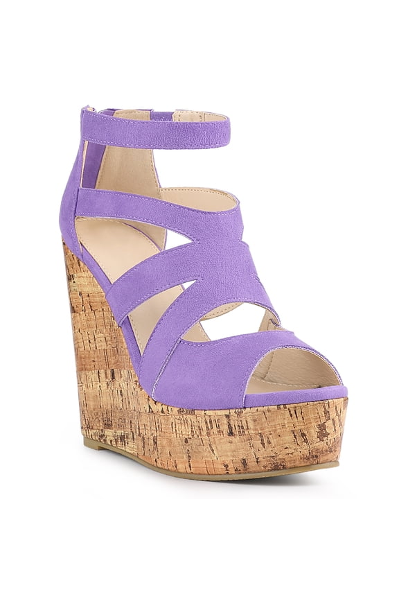 Women's Platform Peep Toe Strappy Back Zip Wedge Heel Sandal Purple 9