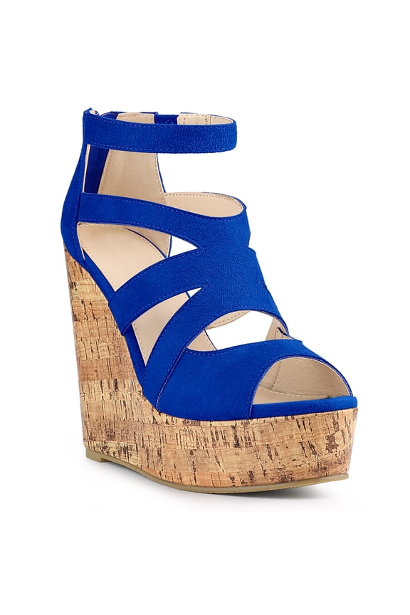 Women's Platform Peep Toe Strappy Back Zip Wedge Heel Sandal Royal Blue 8.5