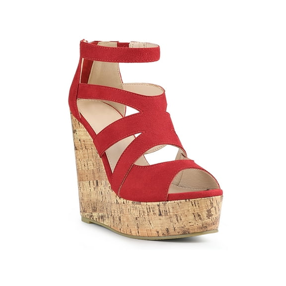 BLISSFUL STEP Women's Platform Peep Toe Strappy Back Zip Wedge Heel Sandal Red 8.5