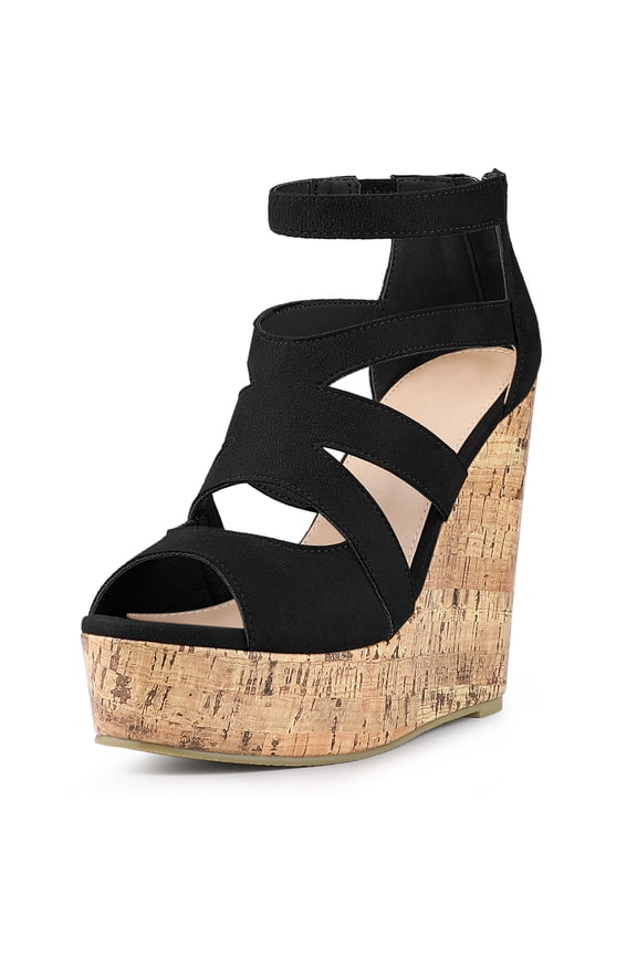 Women's Platform Peep Toe Strappy Back Zip Wedge Heel Sandal Black 7.5