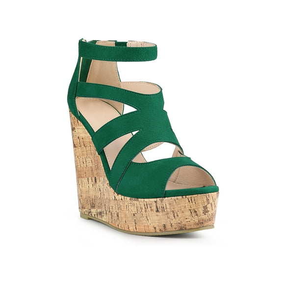 BLISSFUL STEP Women's Platform Peep Toe Strappy Back Zip Wedge Heel Sandal Green 8.5