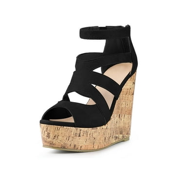 Allegra K Women's Platform Peep Toe Strappy Back Zip Wedge Heel Sandal Black (Size 6)