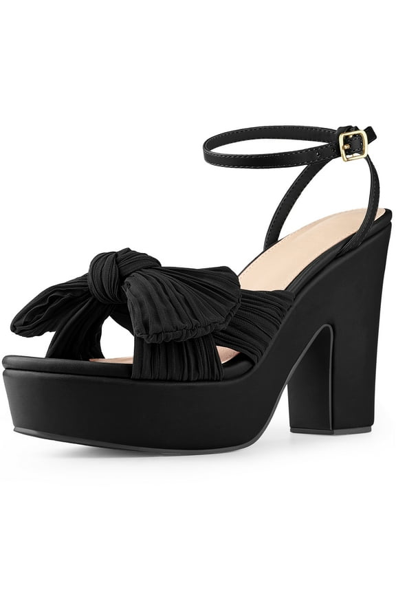 Women's Platform Pleated Bow Slingback Block High Heel Sandals Black(Size 7)
