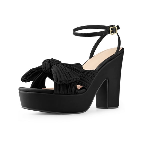 BLISSFUL STEP Women's Platform Pleated Bow Slingback Block High Heel Sandals Black(Size 7)