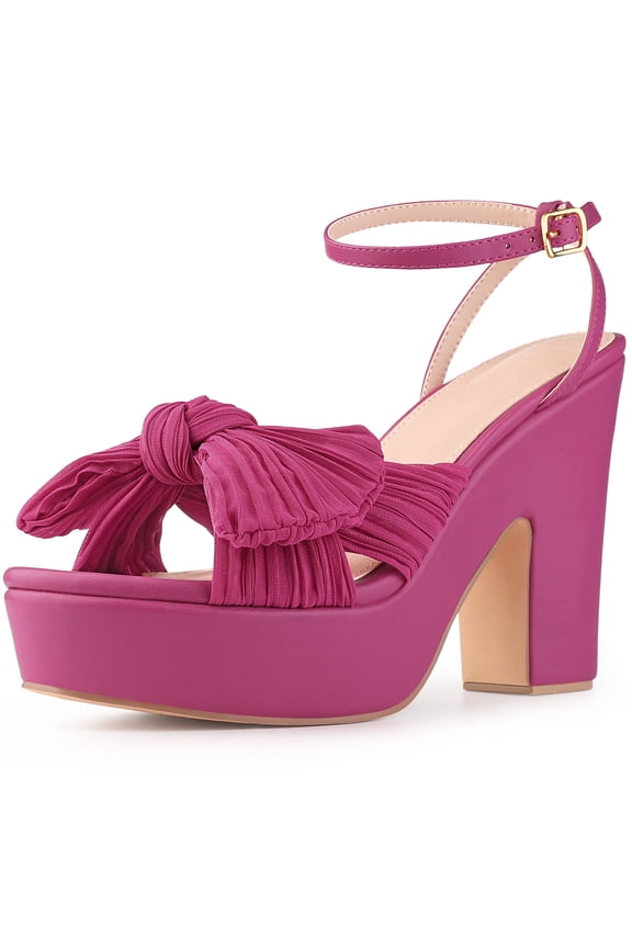 Women's Platform Pleated Bow Slingback Block High Heel Sandals Hot Pink (Size 8.5)