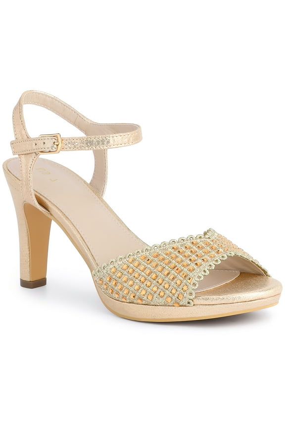 Women's Platform Rhinestone Slingback Block High Heels Sandals Gold 5.5
