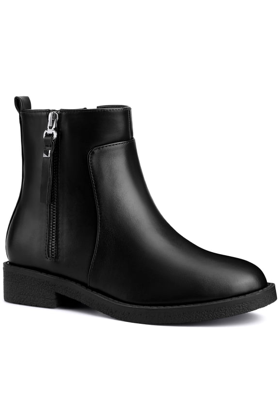 Women's Ankle Boots Faux Leather Low Chunky Heel Side Zipper Black 7.5