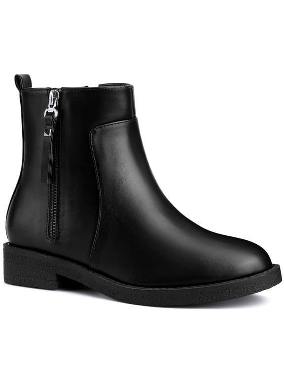 Women's Back to School Ankle Boots Faux Leather Low Chunky Heel Side Zipper Black 7